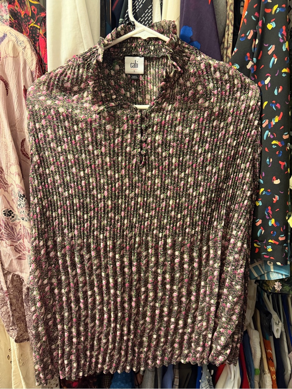 CAbi Pink and Black Ribbed Marled Knit Crewneck Sweater